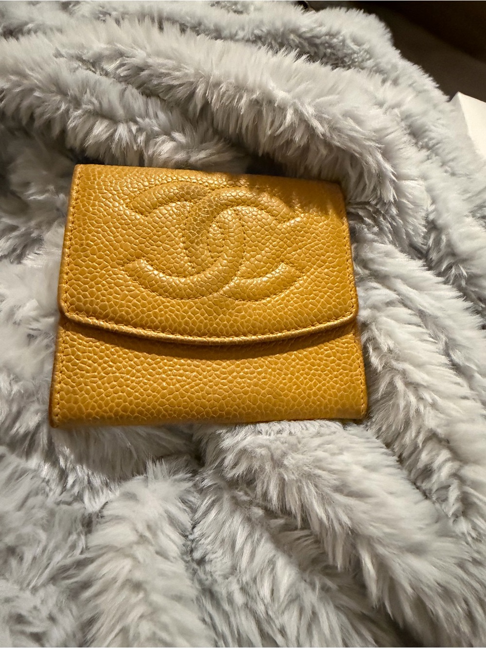 CHANEL Yellow Caviar Leather Wallet with Embossed CC